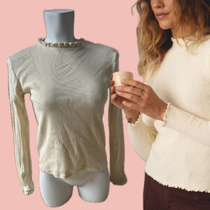 Mango Butter Yellow Ribbed Long Sleeve Top L – Ruffle Neck Fitted